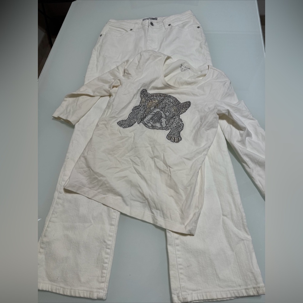 Chicos Platinum White Jeans Bling Bear Shirt Size 1 T3